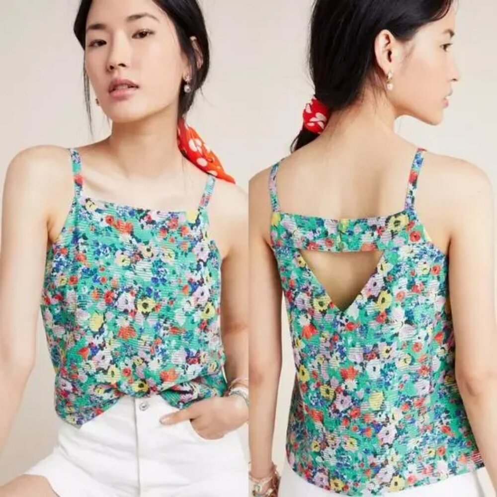 Maeve by Anthropologie Quinn Floral Green Spaghetti Strap Top
